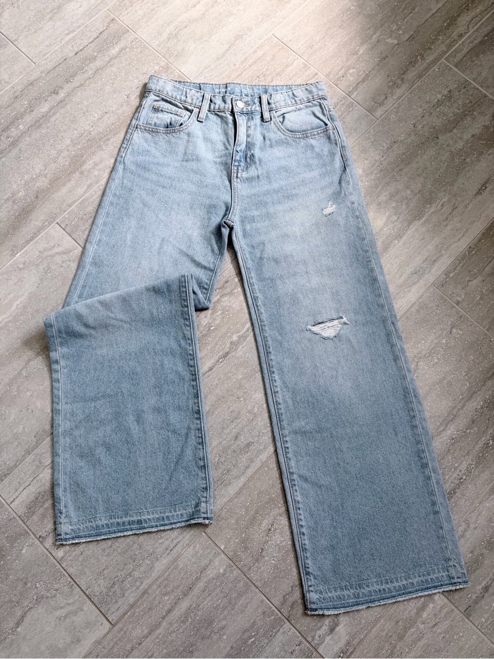 Girls Baggy Wide Leg Jeans Size 16 Light Wash Distressed Y2K Old Navy High Rise